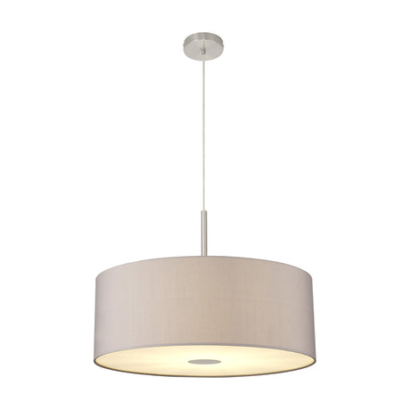 Baymont E27 pendant light with a 60cm wide grey drum shade, satin nickel suspension rod and ceiling rose, frosted diffuser underneath, shown on a plain white background.