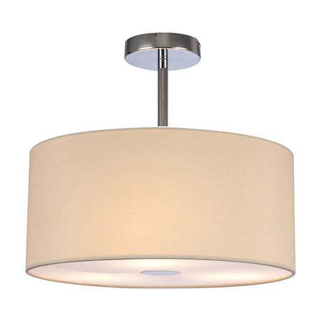 Baymont 3 Light E27 semi-flush ceiling light with an ivory faux silk drum shade, frosted acrylic diffuser, and polished chrome fittings, shown on a plain white background.