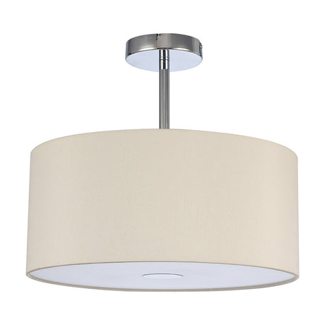 Baymont 3 Light E27 semi-flush ceiling light with an ivory faux silk drum shade, white laminate lining, and frosted acrylic diffuser on a polished chrome fitting, shown on a plain white background.