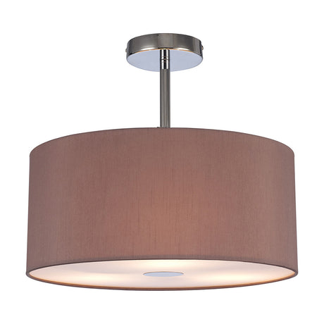 Baymont 3 Light Semi Flush Ceiling Light in taupe faux silk with polished chrome frame, ceiling plate and frosted diffuser trim, shown on a plain white background.