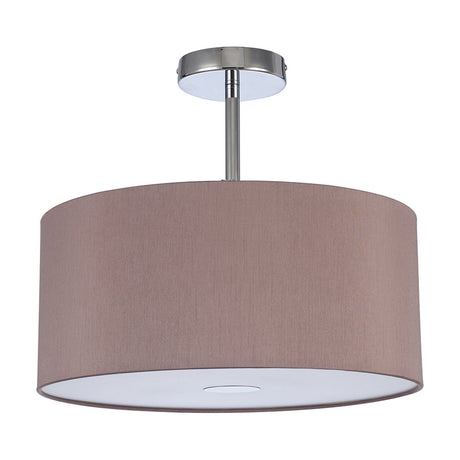 Baymont 3 Light Semi Flush Ceiling Light in taupe faux silk with a polished chrome frame, round ceiling plate, and frosted diffuser base, shown on a white background.