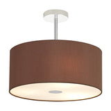 Baymont 3 Light Semi Flush ceiling light with a 40cm bronze fabric drum shade, frosted acrylic diffuser, and polished chrome stem and ceiling mount on a white background.