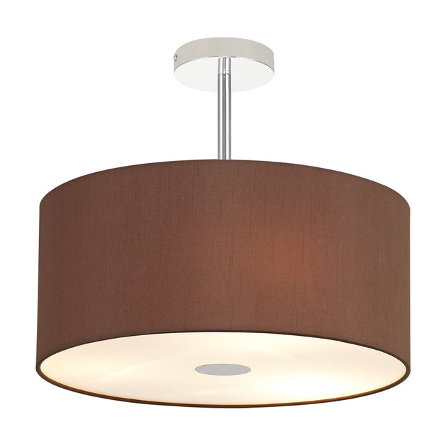 Baymont 3 Light Semi Flush ceiling light with a 40cm bronze fabric drum shade, frosted acrylic diffuser, and polished chrome stem and ceiling mount on a white background.