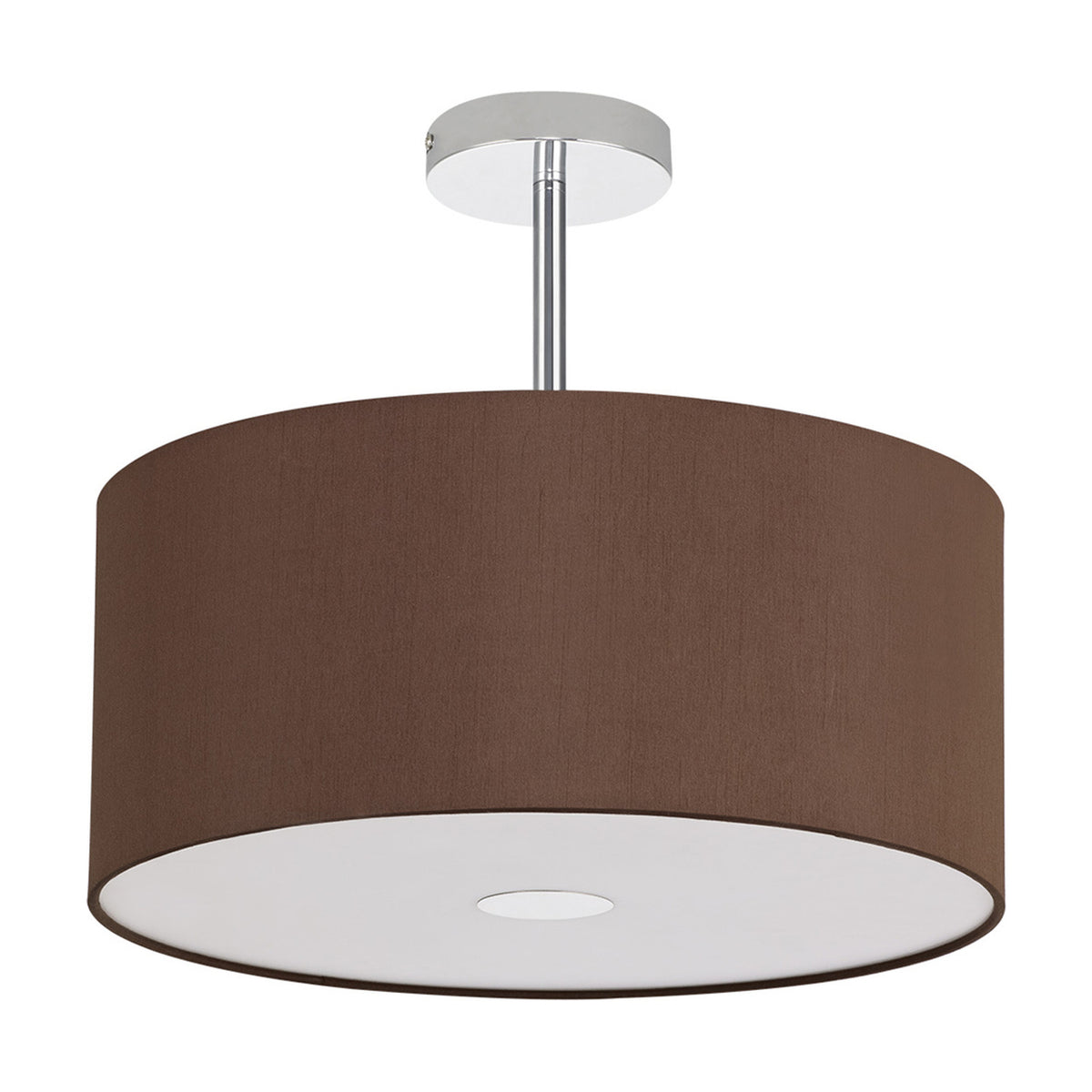 Baymont 3 Light Semi Flush ceiling light with 40cm bronze drum shade, white diffuser and polished chrome ceiling mount, shown on a plain white background.