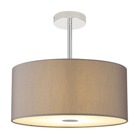 Baymont 3 Light Semi Flush Ceiling Light in grey faux silk drum shade with polished chrome mount and stem, frosted acrylic diffuser beneath, shown on a plain white background.