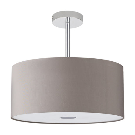 Baymont 3 Light Semi Flush Ceiling Light in grey faux silk with polished chrome rod and frosted acrylic diffuser, shown on a plain white background.