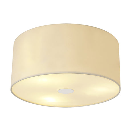 Baymont 3 Light Flush Ceiling Light, a drum-shaped ivory pearl fabric shade with a frosted diffuser in a polished chrome ring, shown illuminated on a white background.