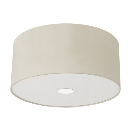 Baymont 3-light flush ceiling light with an ivory pearl faux silk drum shade, white laminate interior, and frosted diffuser in a polished chrome ring, shown on a plain white background.