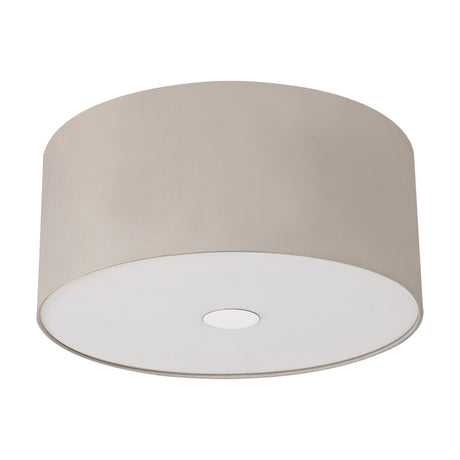 Baymont 3 Light Flush Ceiling Light in nude beige fabric with a shallow drum shade, polished chrome frame, and white frosted diffuser, shown on a plain white background.