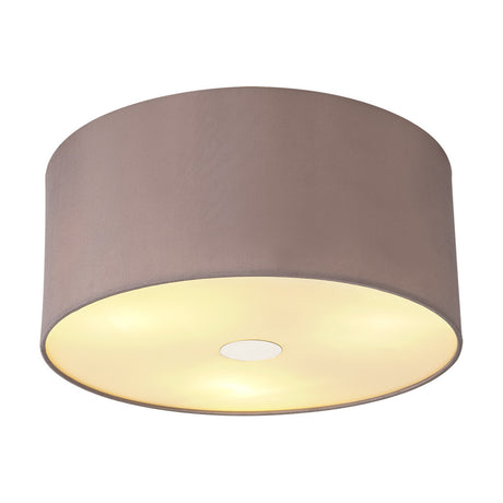 Baymont 3 Light Flush Ceiling Light 40cm, taupe faux silk drum shade with gold-lined interior and frosted acrylic diffuser in polished chrome trim, shown lit on a white background.