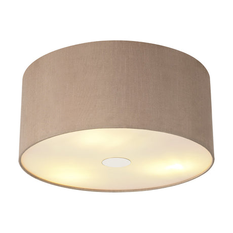 Baymont flush ceiling light with a taupe fabric drum shade, frosted diffuser, and polished chrome trim, illuminated from within, on a plain white background.