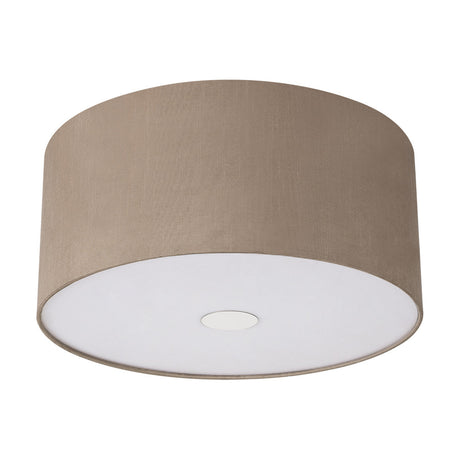 Baymont E27 flush ceiling light with an antique gold fabric drum shade, frosted acrylic diffuser, and polished chrome trim, shown on a plain white background.