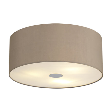 Baymont 3 Light Flush Ceiling Light, 40cm grey fabric drum shade with white diffuser and polished chrome trim, shown lit against a plain white background.