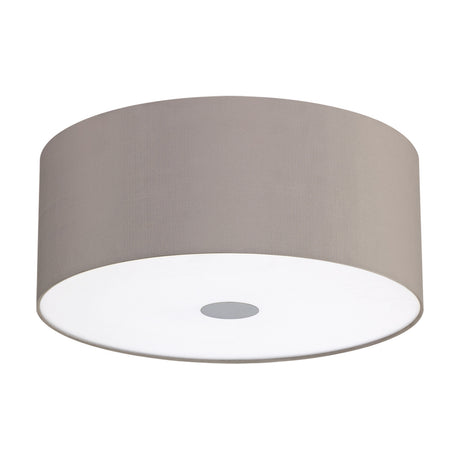 Baymont 3 Light Flush Ceiling Light 40cm, a grey fabric drum shade with white diffuser and polished chrome trim, shown on a plain white background.