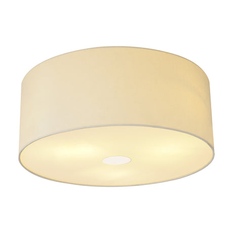 Baymont 3 Light E27 Flush Ceiling Light, 50cm ivory fabric drum shade with frosted diffuser on a polished chrome frame, shown lit against a plain white background.