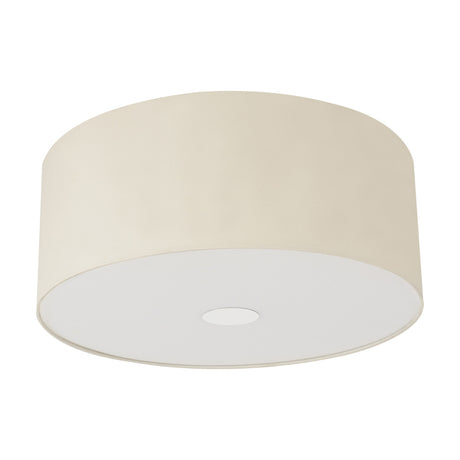 Baymont 50cm flush ceiling light with ivory pearl faux silk drum shade, white diffuser base, and polished chrome frame, shown on a plain white background.