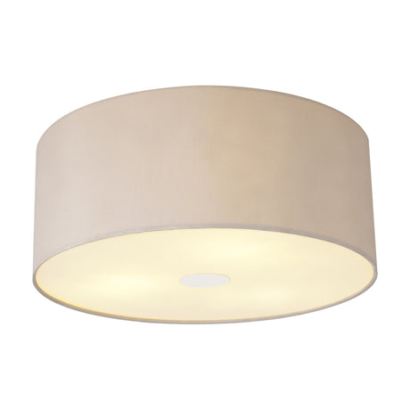 Baymont E27 flush ceiling light, 50cm drum shade in nude beige fabric with frosted diffuser and polished chrome frame, shown on a plain white background.