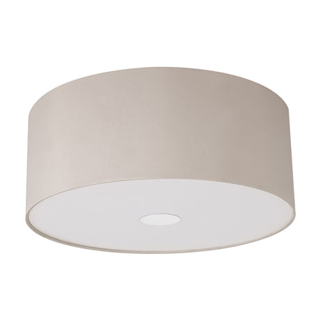 Baymont E27 flush ceiling light, 50cm nude beige drum shade with polished chrome fitting and frosted acrylic diffuser, shown on a plain white background.