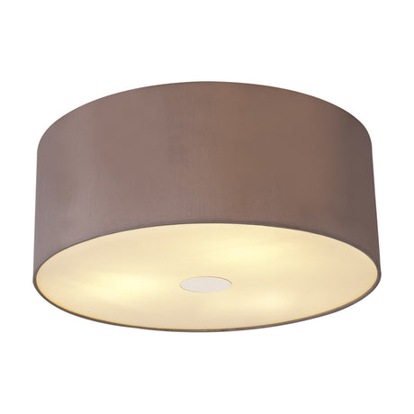 Baymont 3 Light Flush Ceiling Light, 50cm taupe faux silk drum shade with gold lining, frosted acrylic diffuser and polished chrome trim, shown lit against a plain white background.