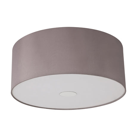Baymont 3 Light Flush Ceiling Light, 50cm taupe faux silk drum shade with frosted acrylic diffuser and polished chrome ring, shown on a plain white background.