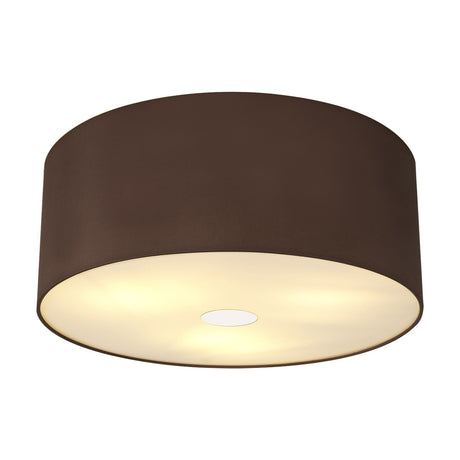 Baymont flush ceiling light, 50cm drum shade in raw cocoa faux silk fabric with bronze lining and frosted acrylic diffuser, polished chrome trim, on a white background.