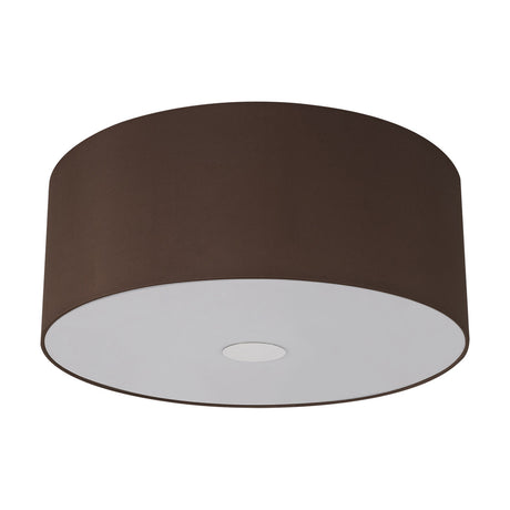 Baymont flush ceiling light, 50cm drum shade in raw cocoa faux silk with frosted acrylic diffuser and polished chrome trim, shown on a plain white background.