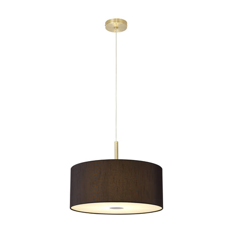 Baymont 3 Light E27 Pendant Light, 40cm black faux silk drum shade with white lining, antique brass ceiling plate and suspension, frosted diffuser underside, shown on a plain white background.