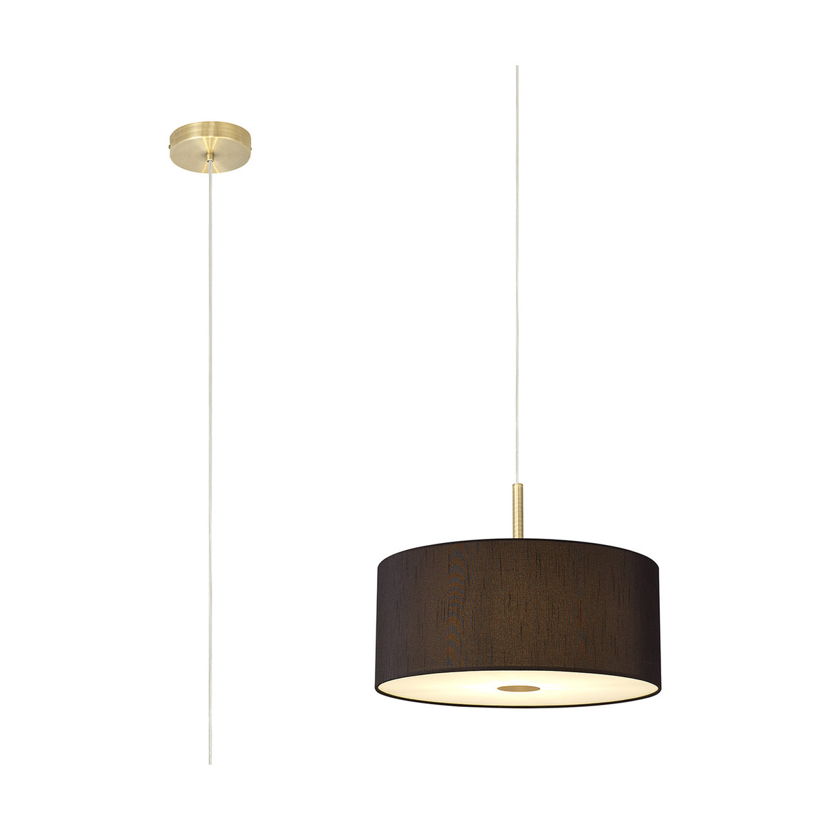 Baymont 3 Light E27 pendant with a 40cm black faux silk drum shade, antique brass ceiling mount and diffuser trim, shown on a plain white background beside its ceiling rose and cable.