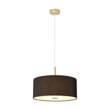 Baymont 3 Light E27 pendant light with black faux silk drum shade, white interior lining, antique brass ceiling rose and stem, frosted acrylic diffuser, on a plain white background.