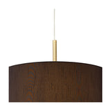 Baymont 3 Light E27 pendant light with a 40cm black faux silk drum shade on an antique brass frame, shown against a plain white background.