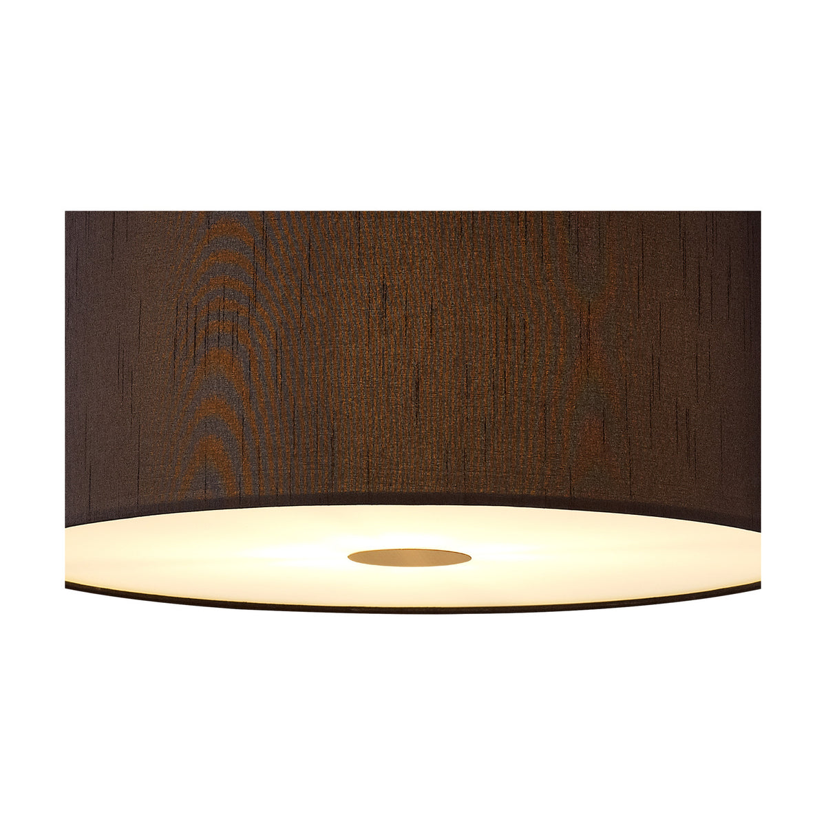 Close-up of the Baymont 3 Light E27 Faux Silk Pendant Light 40cm, showing the black drum shade's textured fabric and the frosted acrylic diffuser with antique brass trim glowing from within.