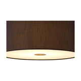 Close-up of the Baymont 3 Light E27 Faux Silk Pendant Light 40cm, showing the black drum shade's textured fabric and the frosted acrylic diffuser with antique brass trim glowing from within.