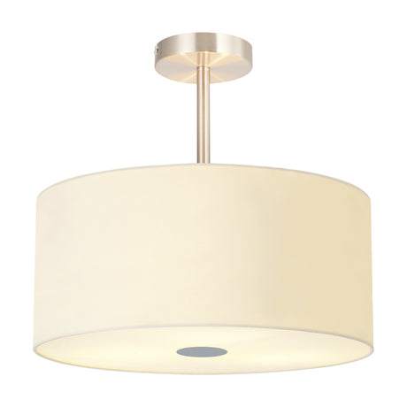 Baymont 3 Light E27 Semi Flush Ceiling Light, 40cm ivory drum shade with frosted diffuser on a satin nickel stem and mount, shown against a plain white background.