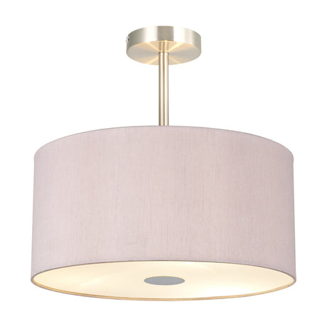 Baymont 3 Light E27 semi-flush ceiling light with a taupe fabric drum shade, gold-lined interior and satin nickel fitting, shown on a plain white background.