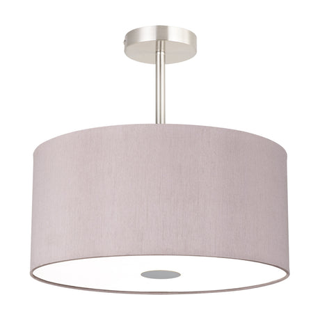Baymont 3-light semi-flush ceiling light with a taupe faux silk drum shade and satin nickel stem fitting, frosted diffuser visible underneath, on a plain white background.