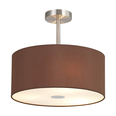 Baymont 3 Light Semi Flush Ceiling Light with a satin nickel frame and rod, wide raw cocoa fabric drum shade, and frosted acrylic diffuser, shown on a white background.