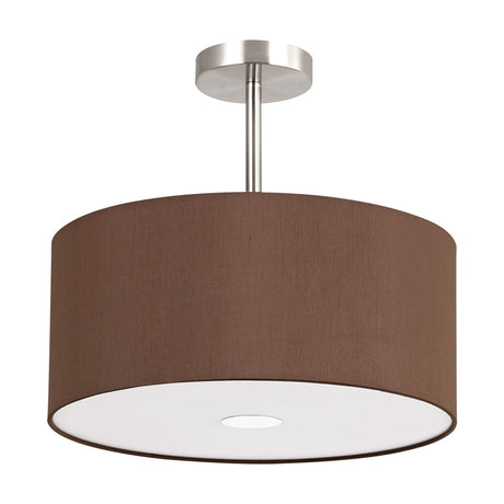 Baymont 3 Light Semi Flush Ceiling Light with a wide drum shade in raw cocoa faux silk, satin nickel frame, and frosted acrylic diffuser, shown on a plain white background.