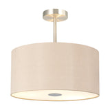 Baymont semi-flush ceiling light with a 40cm drum shade in beige fabric, satin nickel frame and stem, frosted acrylic diffuser revealing three E27 lamps, shown on a plain white background.
