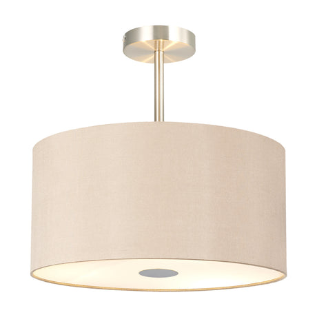 Baymont semi-flush ceiling light with a 40cm drum shade in beige fabric, satin nickel frame and stem, frosted acrylic diffuser revealing three E27 lamps, shown on a plain white background.