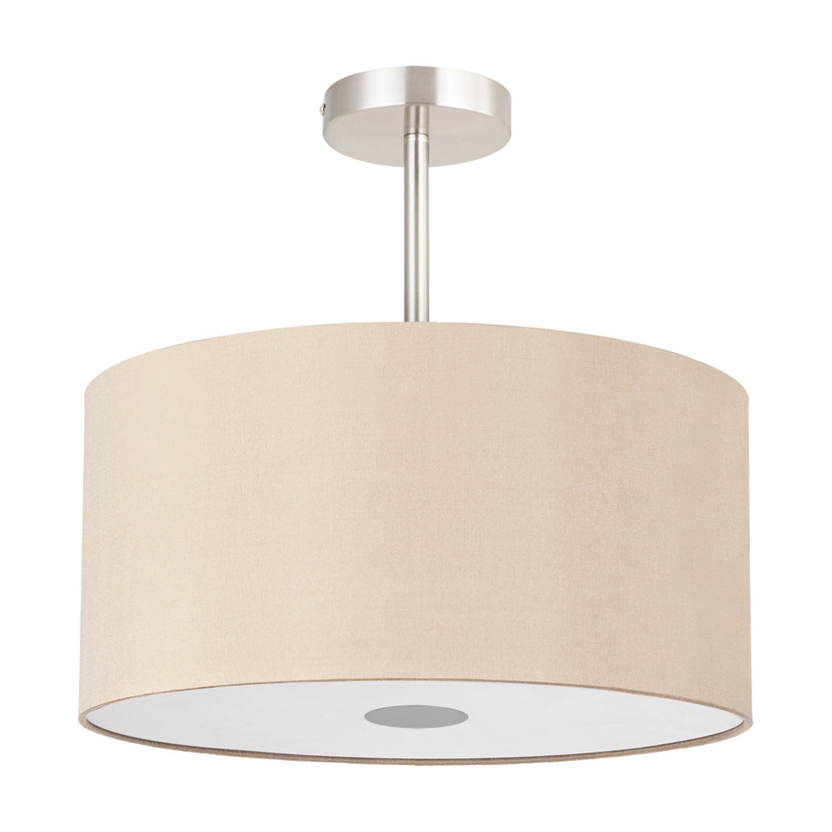 Baymont semi-flush ceiling light with 40cm cream fabric drum shade, satin nickel mount and rod, and frosted acrylic diffuser, shown on a white background.