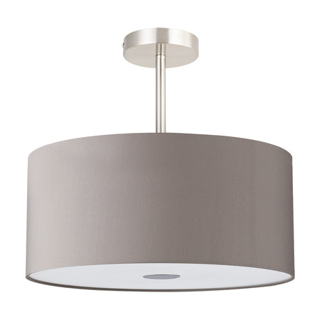 Baymont 3 Light Semi Flush Ceiling Light, 40cm grey fabric drum shade with white diffuser base, satin nickel mount and rod, on a plain white background.