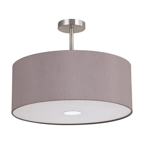 Baymont 3 Light E27 Semi Flush Ceiling Light 50cm in Satin Nickel, with a wide taupe fabric drum shade and frosted acrylic diffuser, shown on a plain white background.