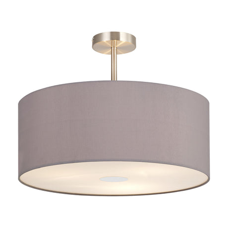 Baymont 3 Light Semi Flush Ceiling Light 50cm in grey with a wide drum fabric shade, satin nickel frame, and central rod fitting, shown on a plain white background.