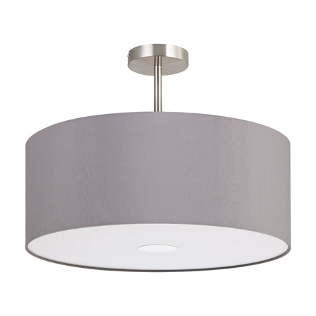 Baymont 3 Light Semi Flush Ceiling Light, 50cm grey drum fabric shade with white diffuser on a satin nickel ceiling mount, shown against a plain white background.