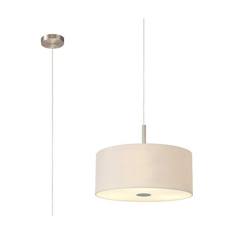 Baymont 3 Light E27 Pendant Light, a 40cm drum-shaped fabric shade in nude beige with a satin nickel ceiling rose and frosted diffuser, shown on a plain white background.