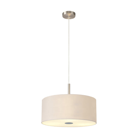 Baymont 3 Light E27 pendant light with a 40cm drum shade in nude beige fabric, frosted acrylic diffuser, satin nickel fitting and cable, shown on a plain white background.