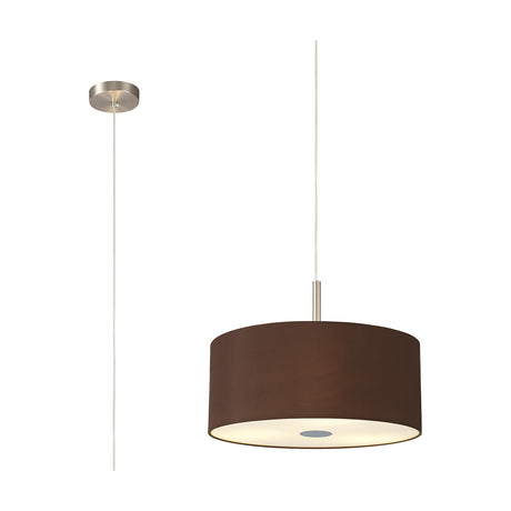 Baymont 3 Light E27 Pendant Light, 40cm Raw Cocoa drum shade with satin nickel rod suspension and ceiling rose, frosted diffuser visible underneath, shown on a plain white background.