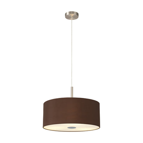 Baymont 3 Light E27 Pendant Light, 40cm Raw Cocoa drum shade with frosted diffuser, satin nickel frame and suspension, on a plain white background.