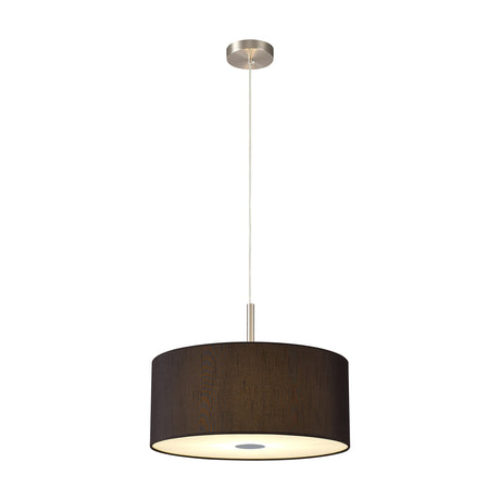 Baymont 3 Light E27 pendant light with a 40cm black faux silk drum shade, satin nickel ceiling plate and suspension, frosted acrylic diffuser underside, on a plain white background.