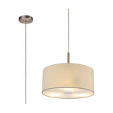 Baymont 3 Light Pendant with 40cm ivory pearl faux silk drum shade, frosted acrylic diffuser and satin nickel fittings, shown with rod suspension on a plain white background.